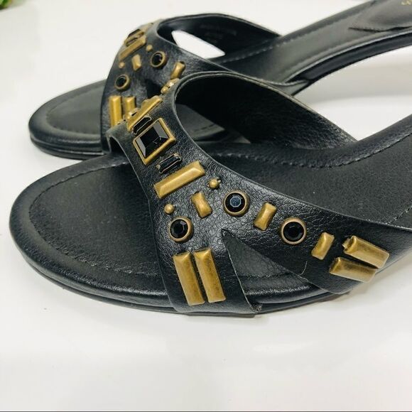 Amanda Smith Black Gold Aztec Beaded Sandals Heels - Picture 2 of 8